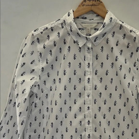 Garnet Hill Signature Organic Pima Cotton Navy Block Print Shirt in Size 8 - Picture 2 of 7